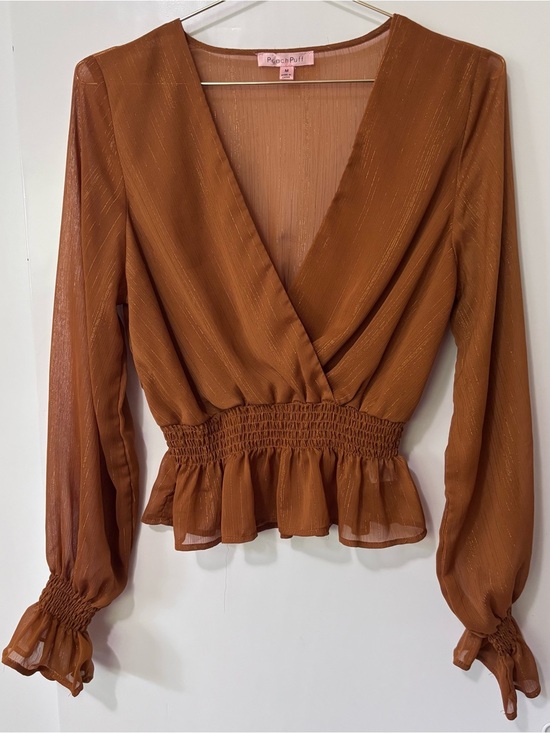 Peach Puff Tops - Peach Puff| Cognac Smocked Peplum Faux-Wrap Long Sleeve Lightweight Blouse Sz M